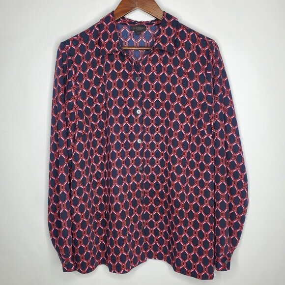 J Jill Womens Wearever Blue Geometric Easy Care Button Up Blouse Size L Career - Picture 1 of 8